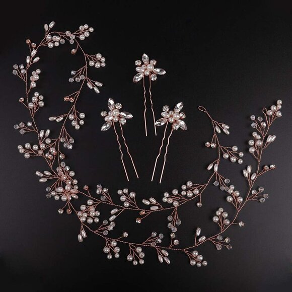 Rose Gold Bridal Hair Vine Pearl Crystal Beads Wedding Head Piece Accessories main image 6